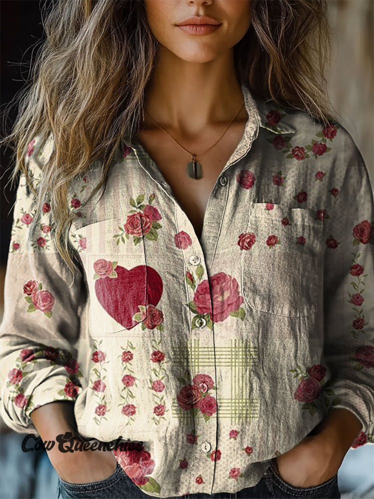 Vintage Floral Print Casual Long Sleeve Comfortable Cotton Shirt Multicolor / S