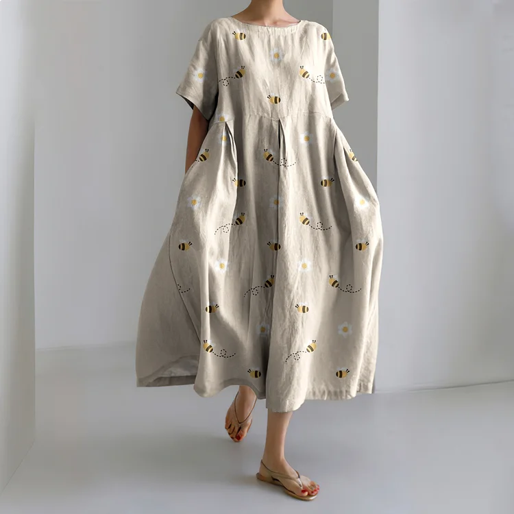 Comstylish Women's Vintage Bee Art Cozy Linen Maxi Dress