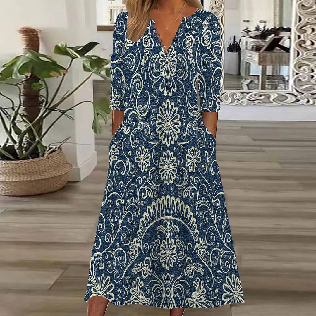 Women Graphic,Blue DZHB8178 Long Sleeve V-Neck Graphic Printed Midi Dress