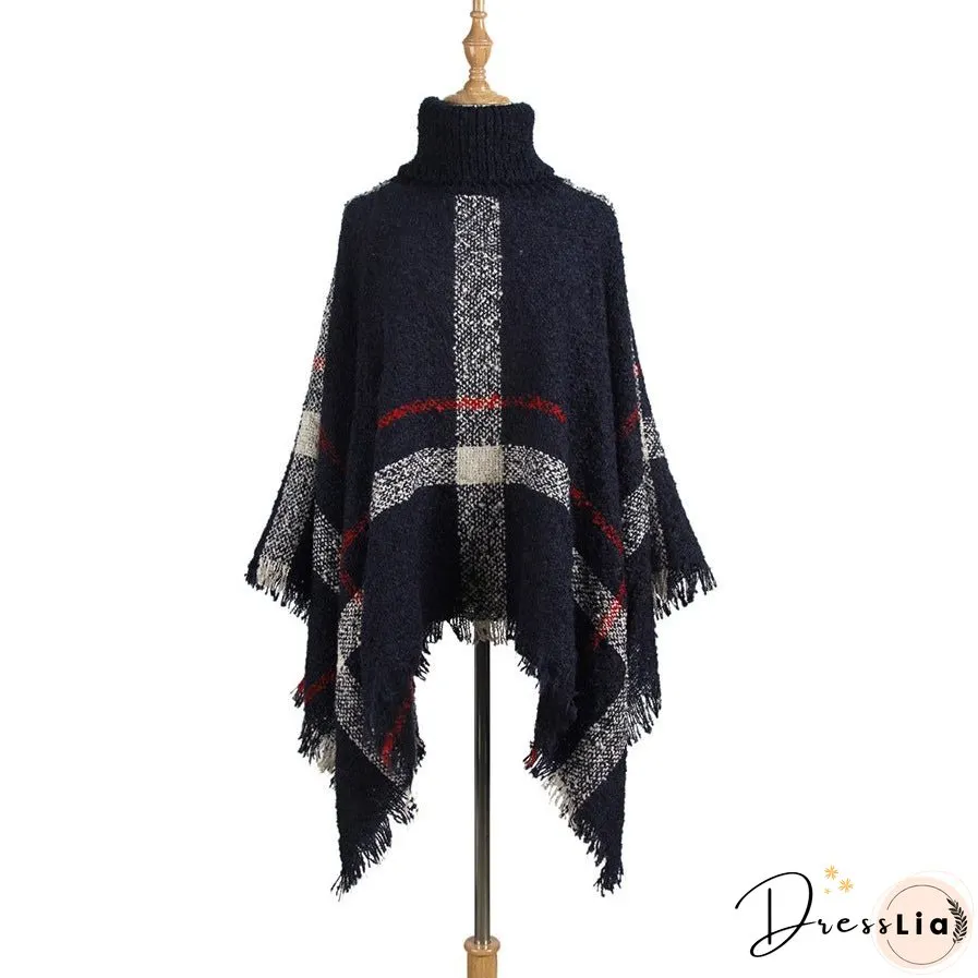 Sweater women's mid-length high collar fringe cape loose large size knit