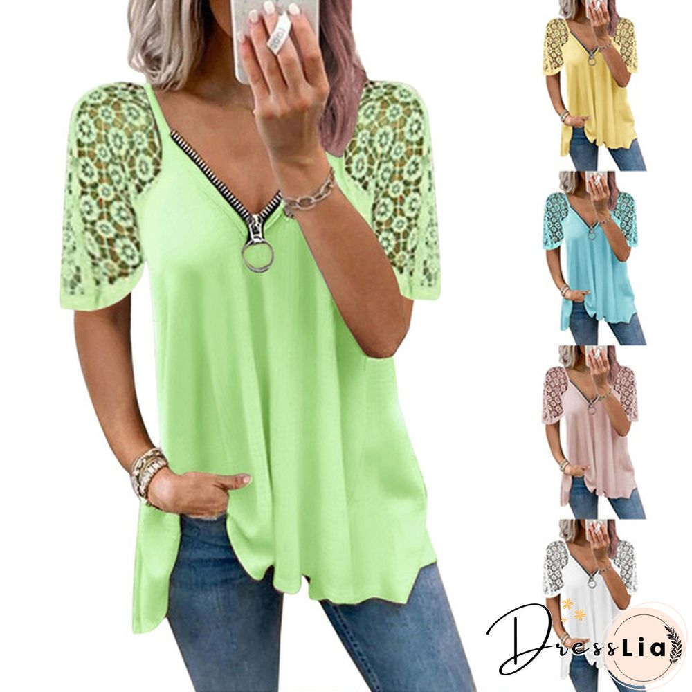 Summer Womens Lace Stitching Short Sleeve Tops Solid Color Loose T-Shirt Fashion Casual