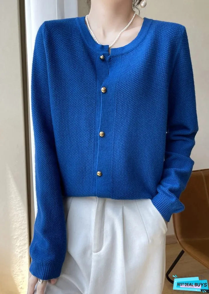 Women Blue O Neck Button Patchwork Cotton Knit Coats Fall