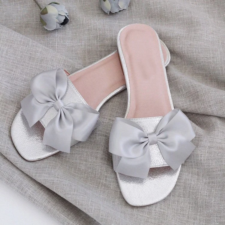 Silver Bow Women's Slide Sandals |FSJ Shoes