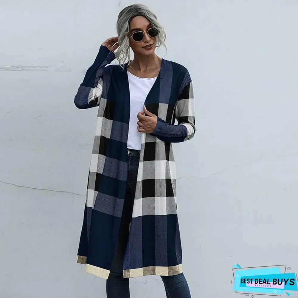 Autumn Women's Plaid Fashion Buttonless Straight Cardigan Coat Women