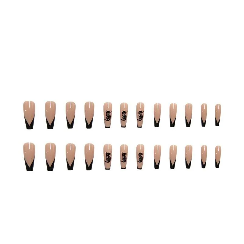 24pcs/Set Black French False Nails Detachable Punk Dragon Pattern Coffin Fake Nails Fingernail DIY Ballerina Nail Art Full Tips-Nail Inspo