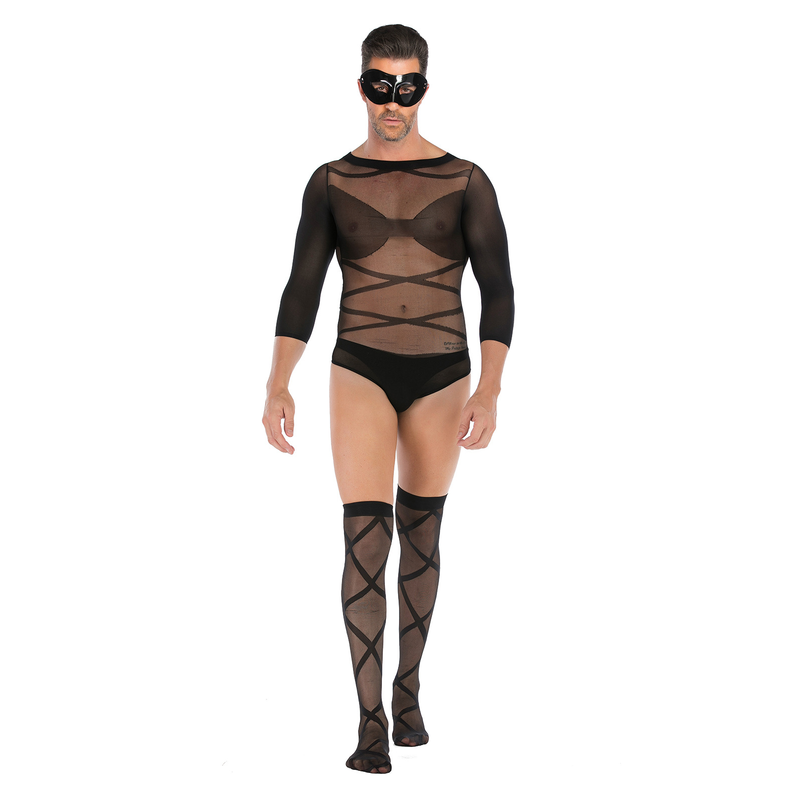 Lovingerie - Men's Long-sleeved See-through Fishnet Suit With Cross-striped Stockings And Mask Set