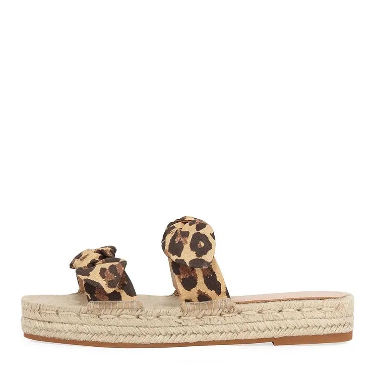 Leopard Print Bow Platform Slide Sandals; Vdcoo