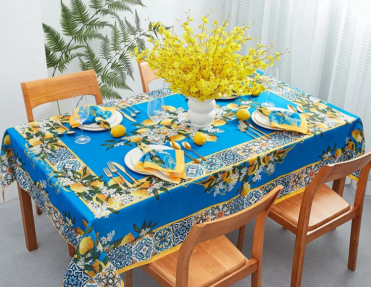 Blue Lemon Mediterranean Tile Waterproof Tablecloth Wedding Decorations Spring Rectangle Tablecloth for Picnics Party Decor