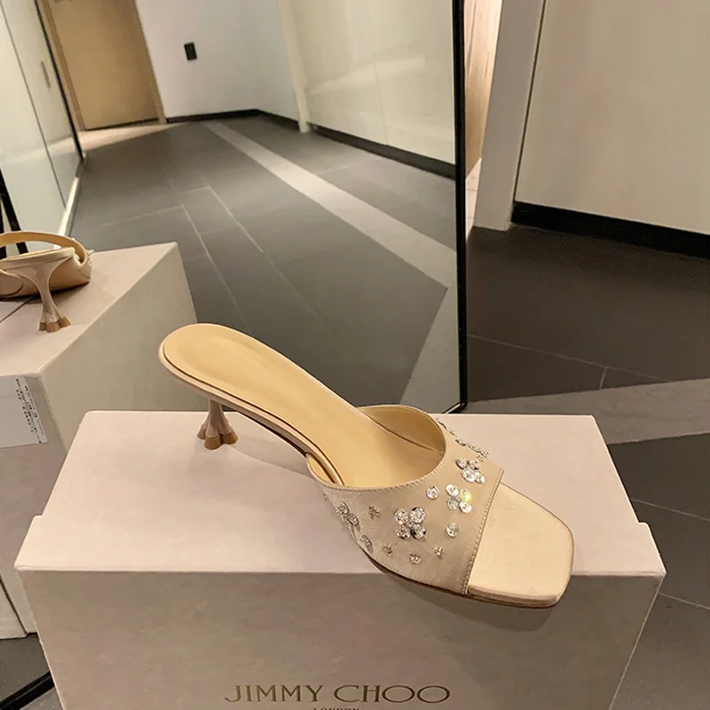 Churchf Churchf Square Head One Word With High Heels Petals Rhinestone Satin Kitten And Cool Slippers Female Summer Outside Wear