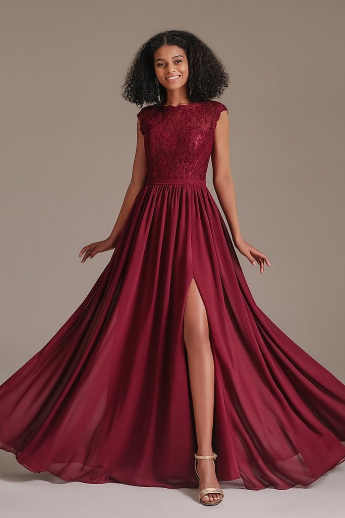 Burgundy Cap Sleeves Bridesmaid Dress With Slit BD0005 - Okdais