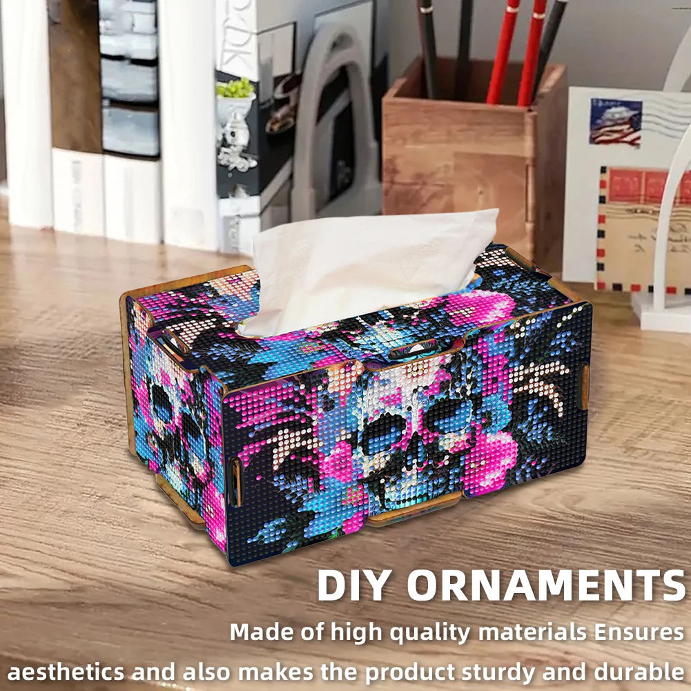 Flower Skull Diamond Painting Tissue Box Wooden Diamond Art Tissue Storage Box