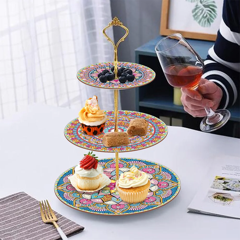 DIY Mandala 3 Tier Acrylic Diamond Painting Cake Snack Stand for Afternoon Tea