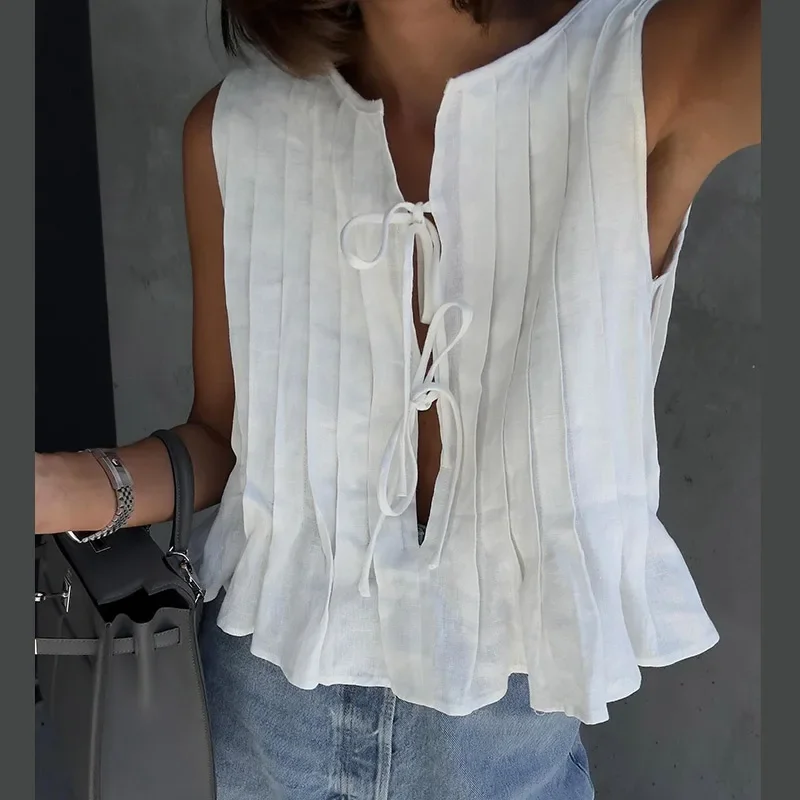 Women's Elegant Design Cotton Linen Pleated Sleeveless Ruffled Hem Top