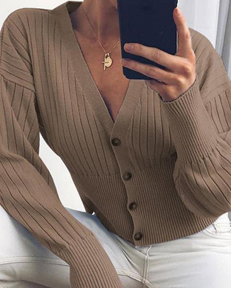 Solid color button cardigan sweater sexy V-neck sweater coat