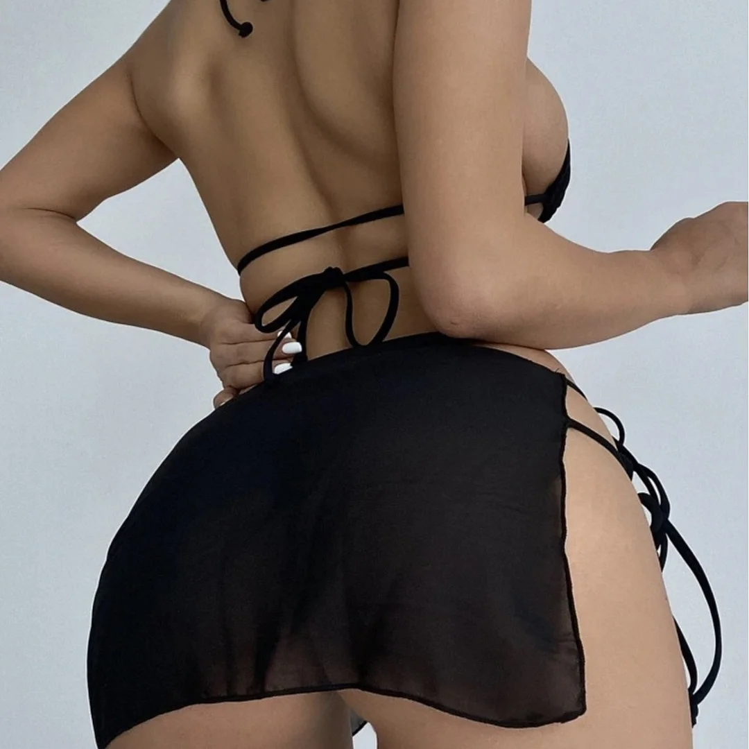 Uveng 2021 New Drawstring Strap Solid Three-Piece Set Sexy Bikini