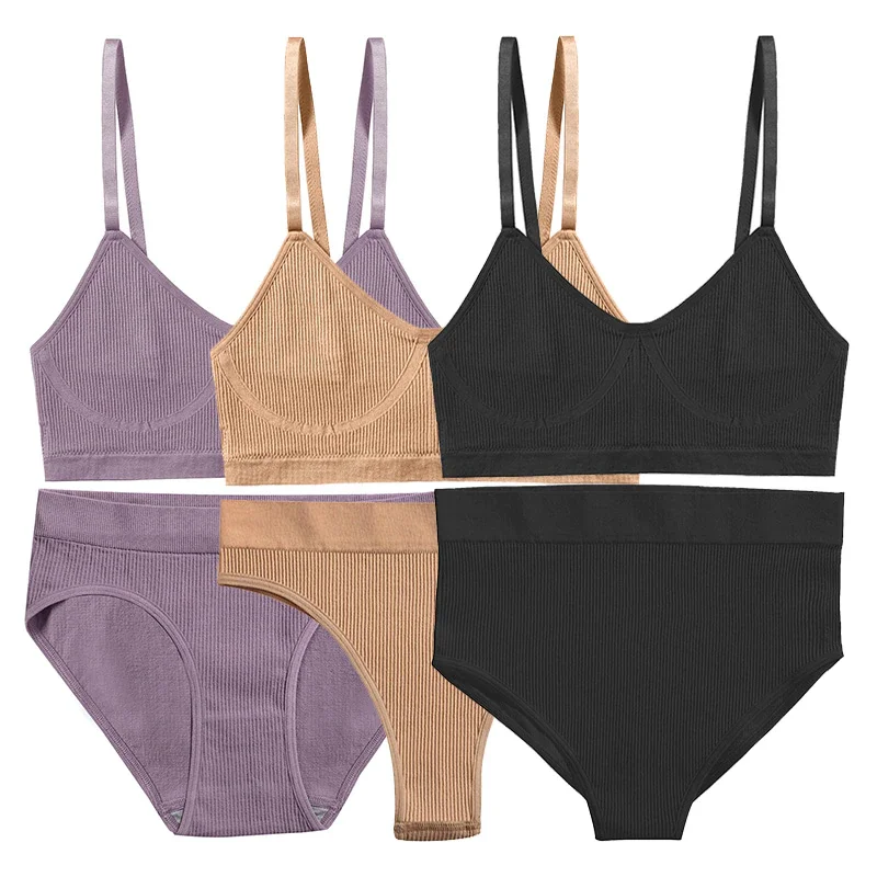 Billionm Sexy Bra Set Women Seamless Underwear Female Lingerie Ribbed Tops Thong High Waist Panties Brassiere Stretchy Tank Crop Top