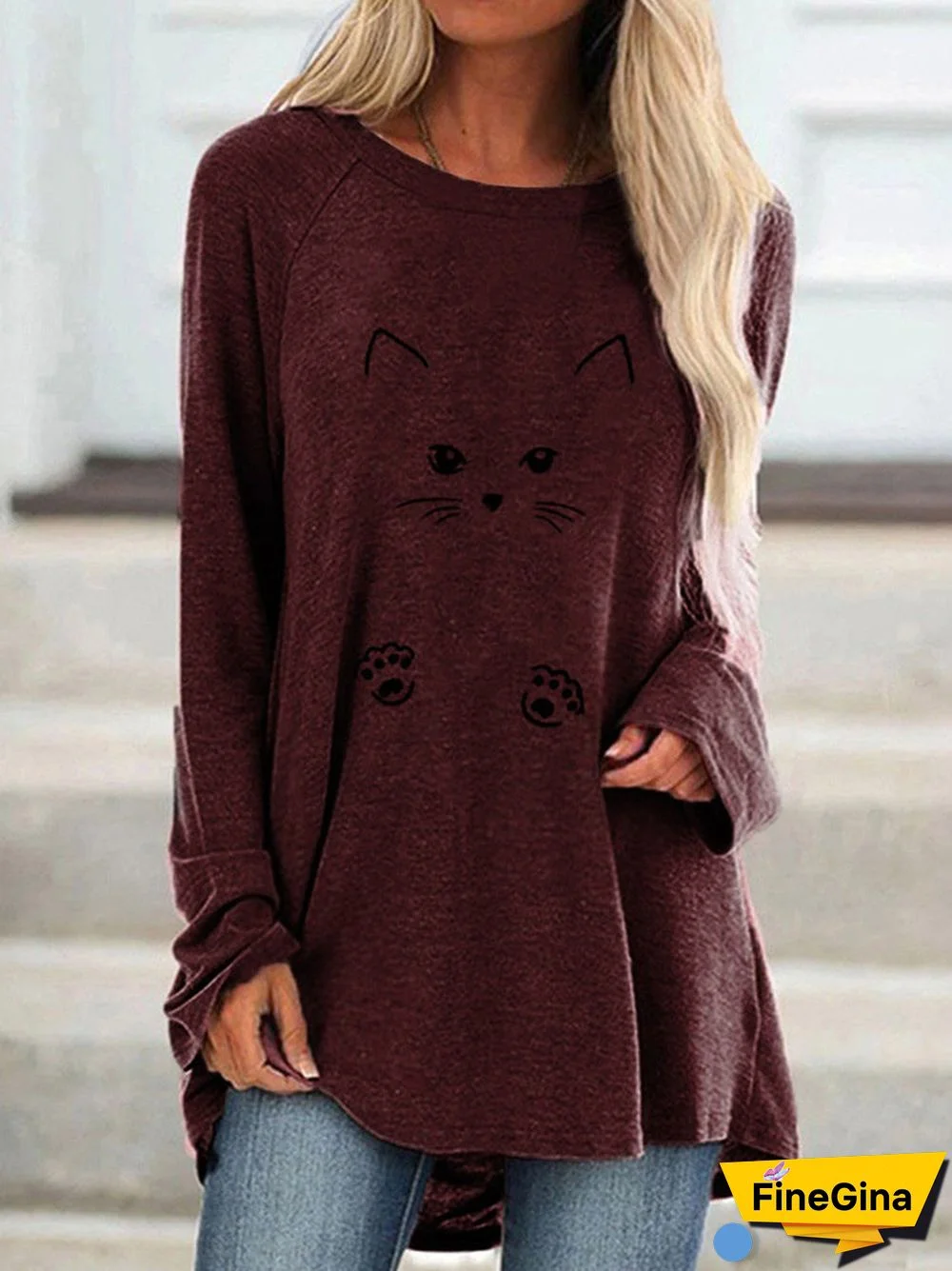 Women's Cat Printed Long Sleeve Scoop Neck Top