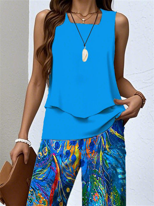 Women's Sleeveless Square Collar Graphic Printed Casual Set