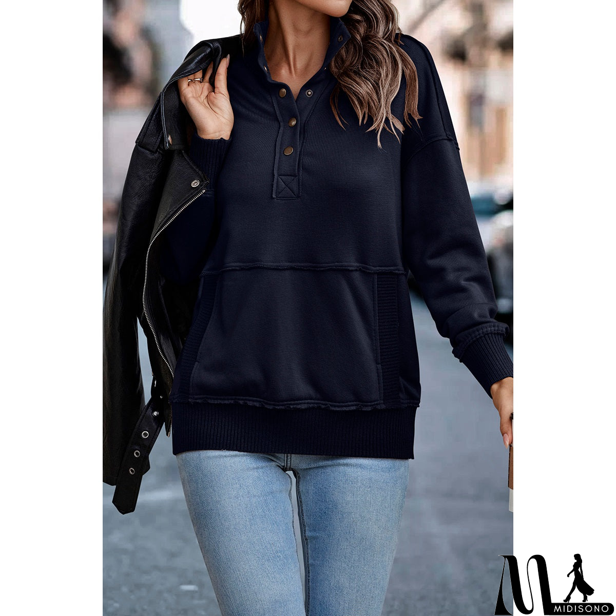 MidiSono - Chic Collared Block Button-Up Sweater