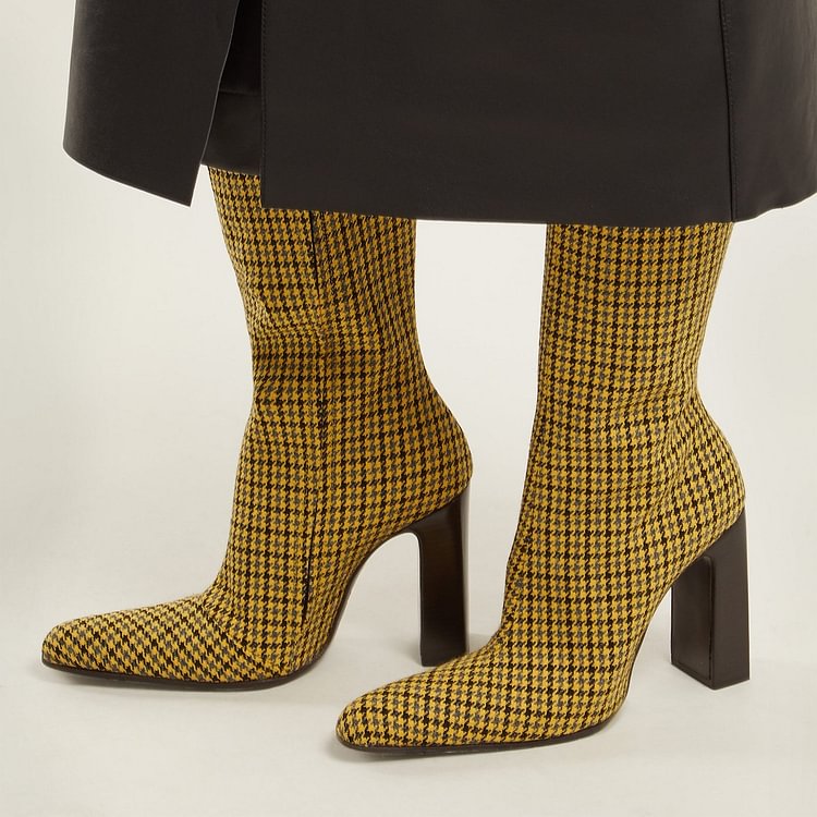 Yellow Houndstooth Chunky Heel Boots Knee-high Boots |FSJ Shoes