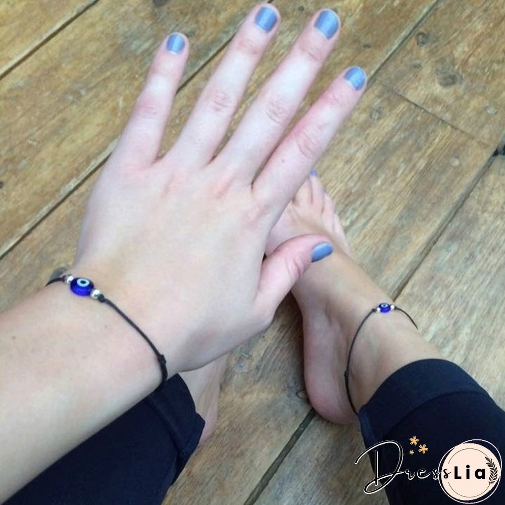 2Pcs/Set Evil Eye Handmade Black Rope Beaded,Ankle,Bracelet,necklace Set