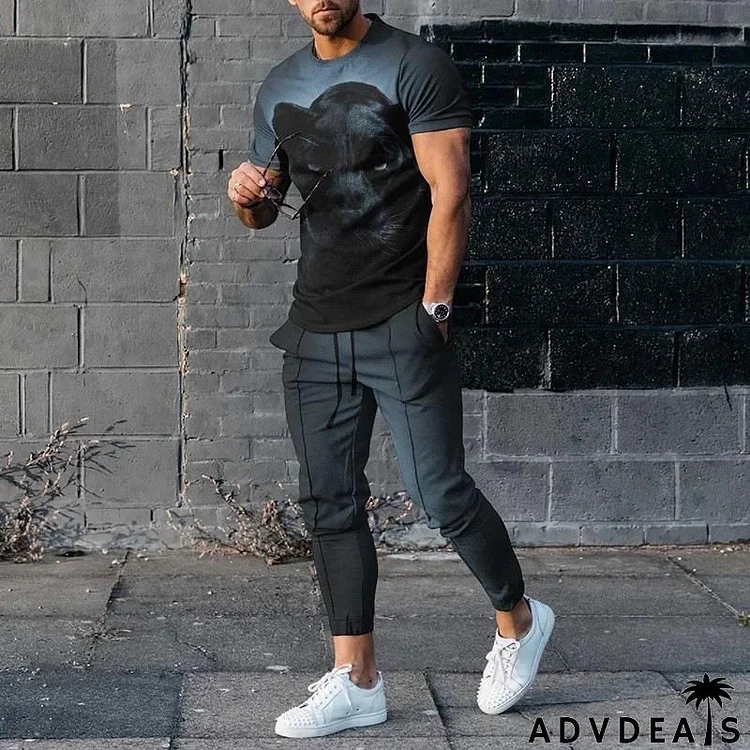 Men Fashion Casual 3D Print Short Sleeve Round Neck T-Shirt Pants Plus Size Sets