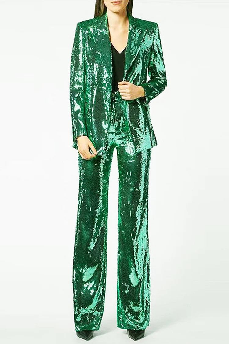 Sequin One Button Blazer Straight Leg Two Piece Pant Suit-Green