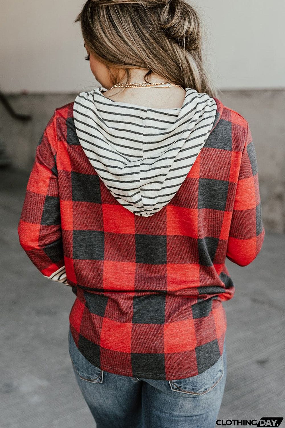 Christmas Plaid Striped Patchwork Drawstring Hoodie