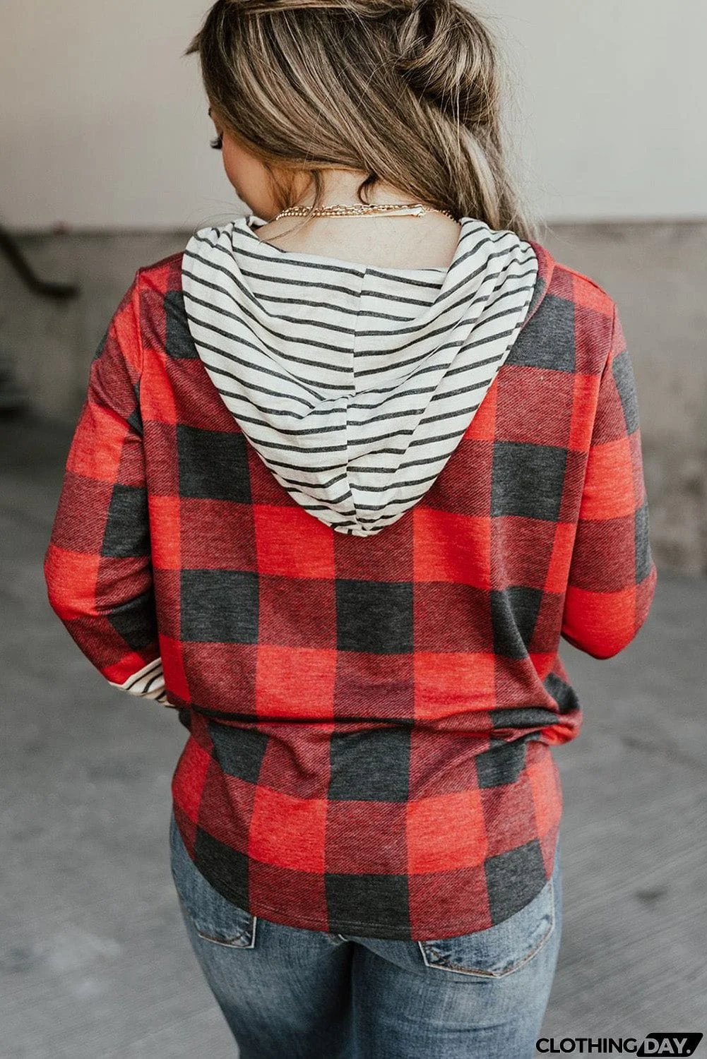 Christmas Plaid Striped Patchwork Drawstring Hoodie