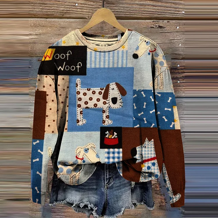 Women's Cute Dogs Patch Art Print Casual Sweatshirt