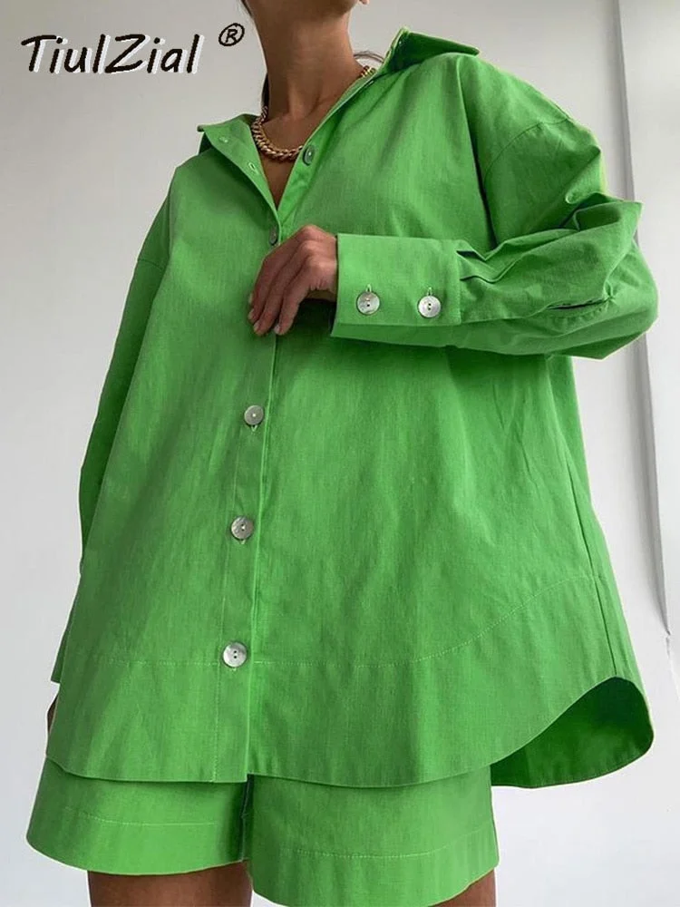Casual Women Short Set Tracksuit Loungewear Two Piece Women Outfits Oversized Long Shirt And High Waist Shorts Green