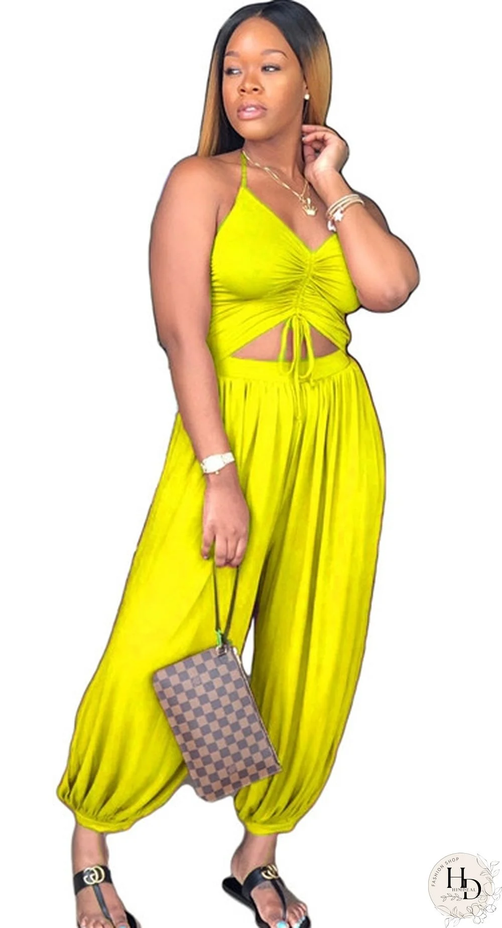 Yellow Polyester Hollow Out Sashes Backless Patchwork Fashion sexy Jumpsuits & Rompers