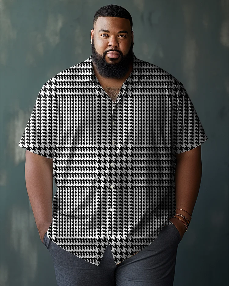 Men's Plus Size Business Casual Houndstooth Graphic Lapel Short Sleeve Shirt
