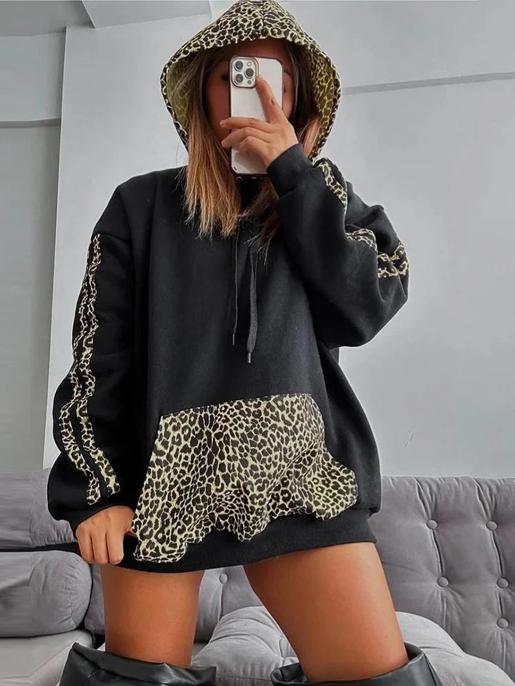 Uveng Uveng Has F24TP161 Women's Autumn And Winter New Leopard Splicing Drawstring Pocket Loose Casual Hooded Jacket