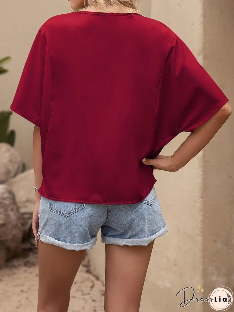 Pleated Drape Solid Color V-neck Short Sleeve Loose Blouses