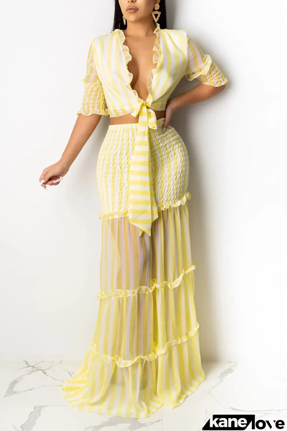 Yellow Casual 3/4 Length Sleeves V Neck Slim Dress Floor-Length Striped Print Patchwork Dresses