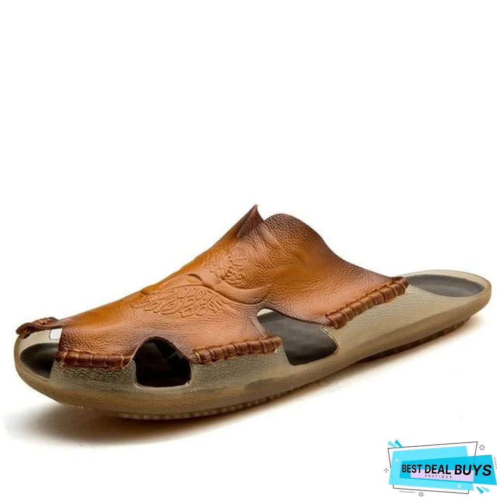 Men's Genuine Leather Non-Slip Sandal Shoes Breathable Beach Flip Flops Shoes