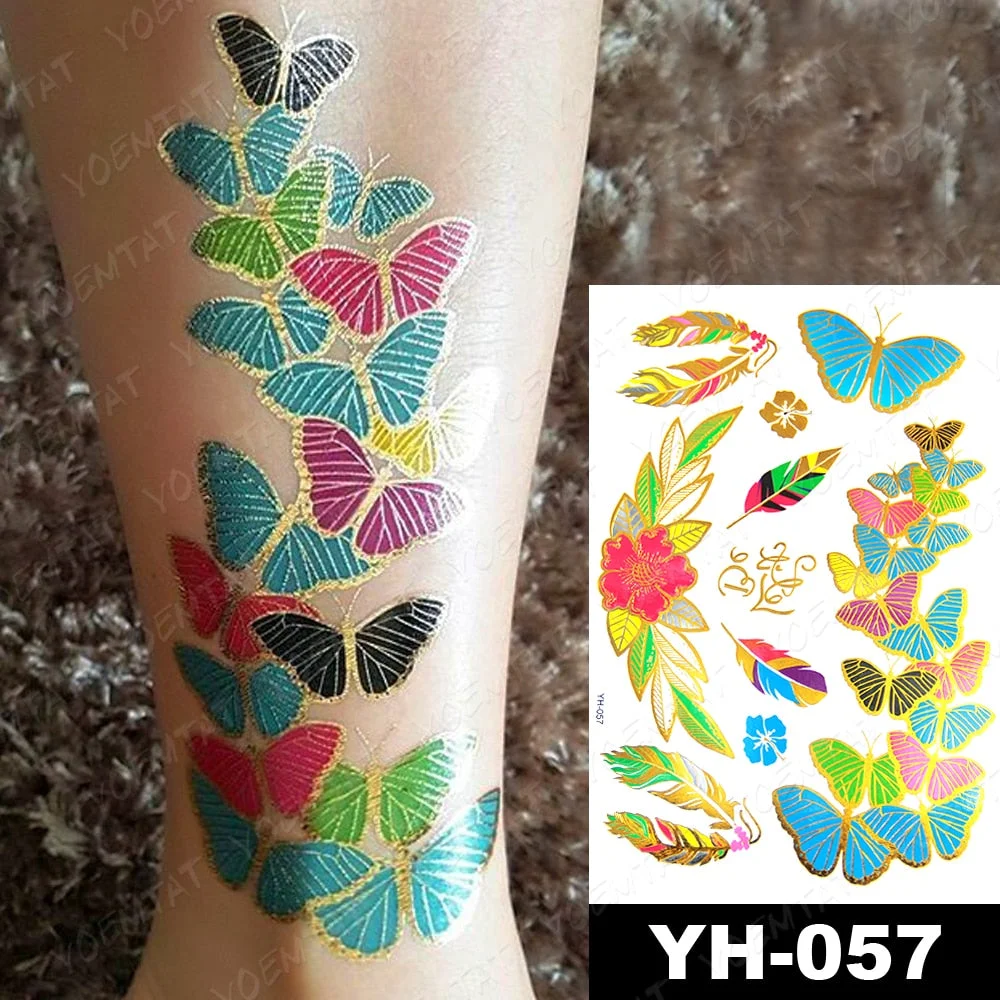 Waterproof Temporary Tattoo Sticker Gold Silver Henna Indian Hand Painted Glitter Tattoos Women Mandala Flower Feather Body Art