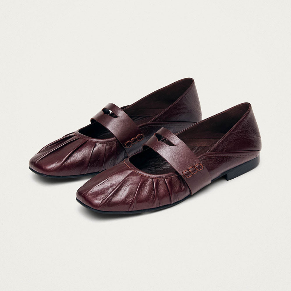 Vegan Leather Square Toe Mary Jane Maroon Ballet Flats with a Strap Nicepairs