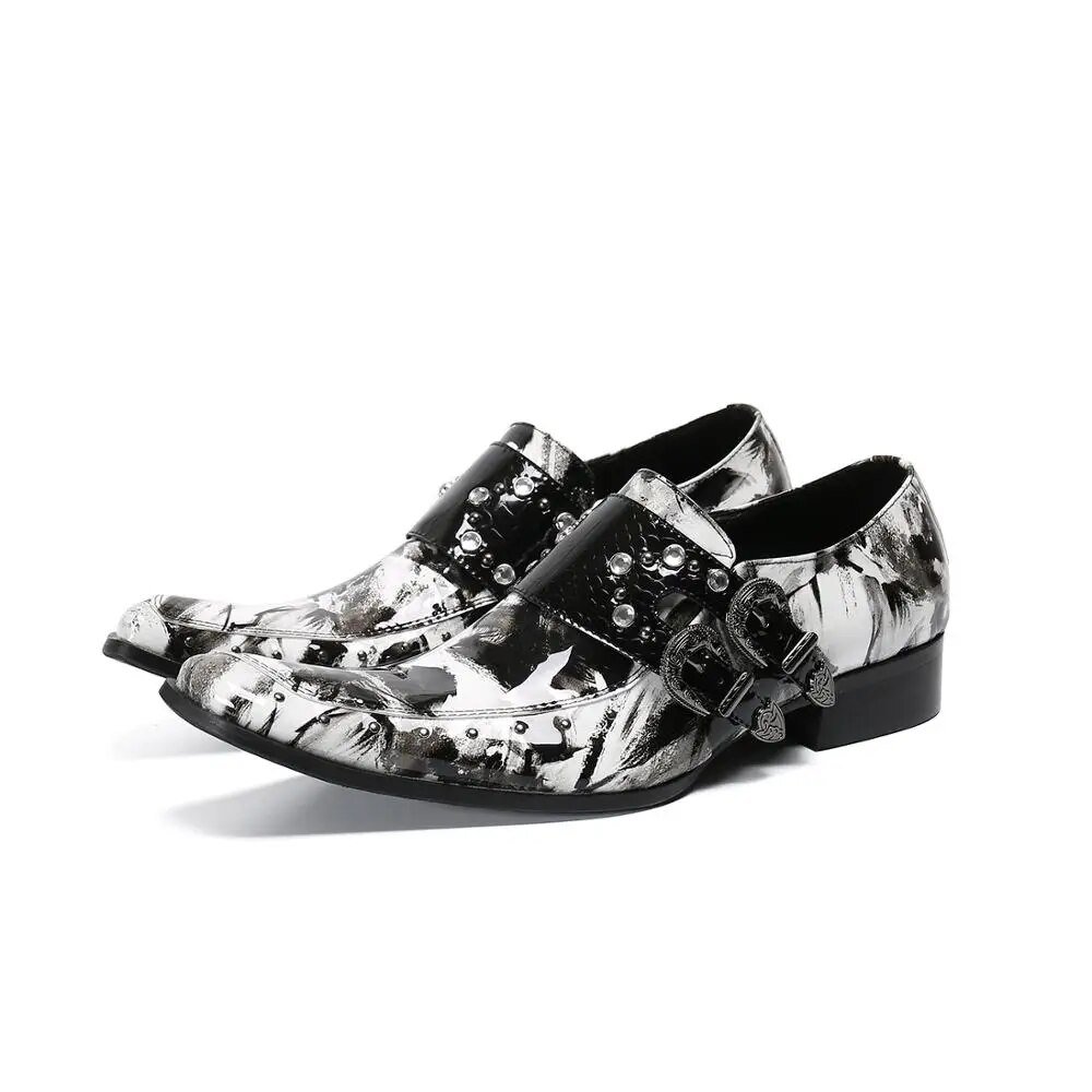 VCSHOES British Men Party Wedding Dress Shoes Black White Pattern Rivets Buckle Men Oxford Shoes Male Business Brogue Shoes