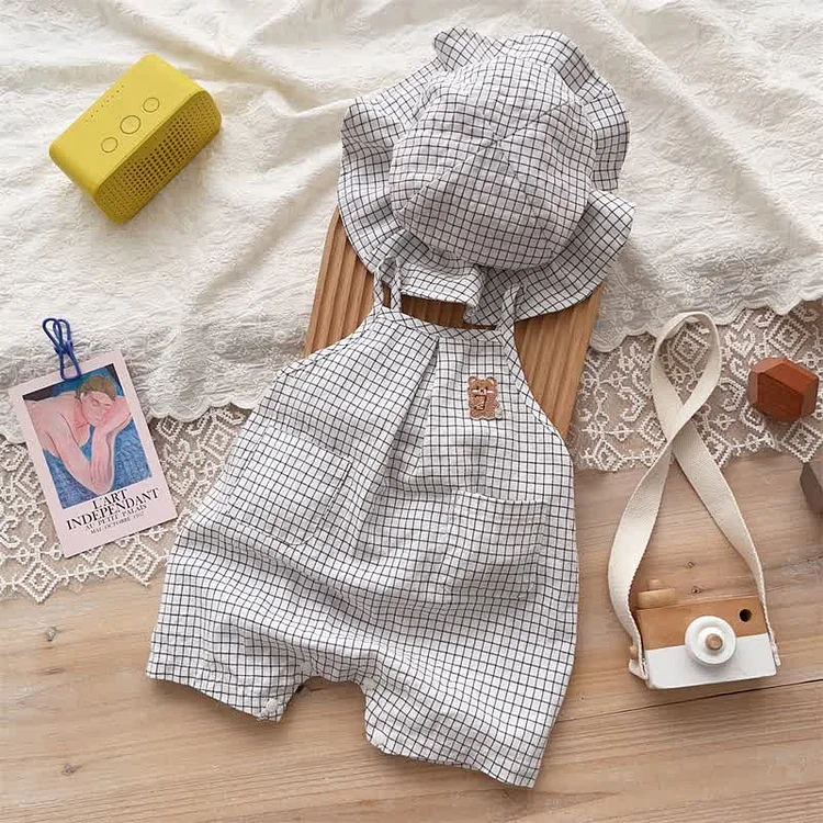 Baby Plaid Bear Strap Romper with Hat