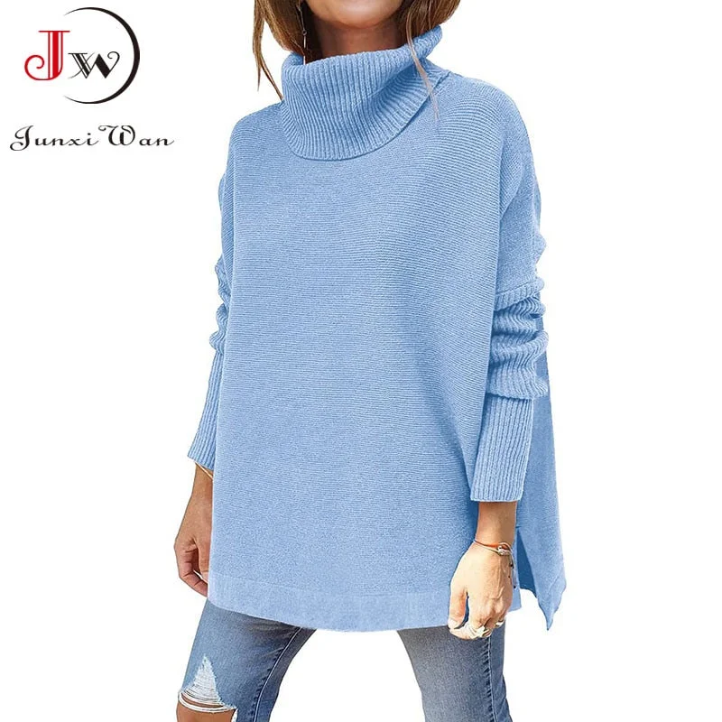 Autumn Winter Women Knitted Long Sweater Loose Oversized Turtleneck Batwing Sleeve Tunic Pullover Tops Jumpers