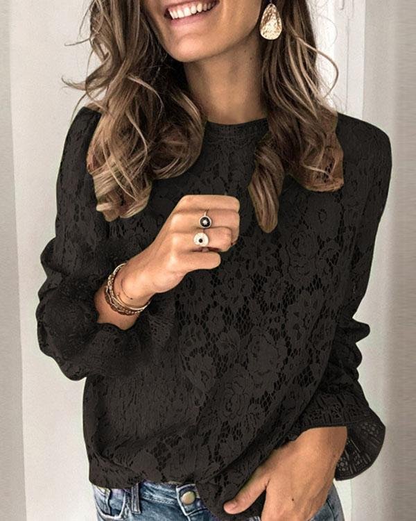 Lace Hollow Out O-Neck Long Sleeves Elegant Blouses