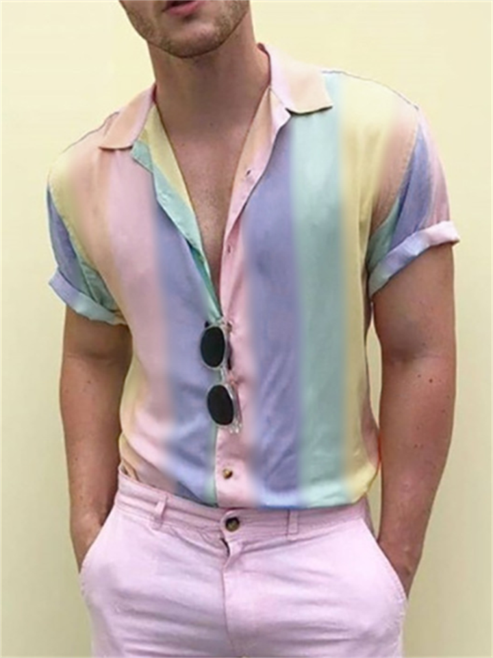 Men's Shirt Button Up Shirt Summer Shirt Camp Collar Shirt Cuban Collar Shirt Purple Rainbow Short Sleeve Graphic Prints Turndown Street Casual Button-Down Clothing Apparel Fashion Classic