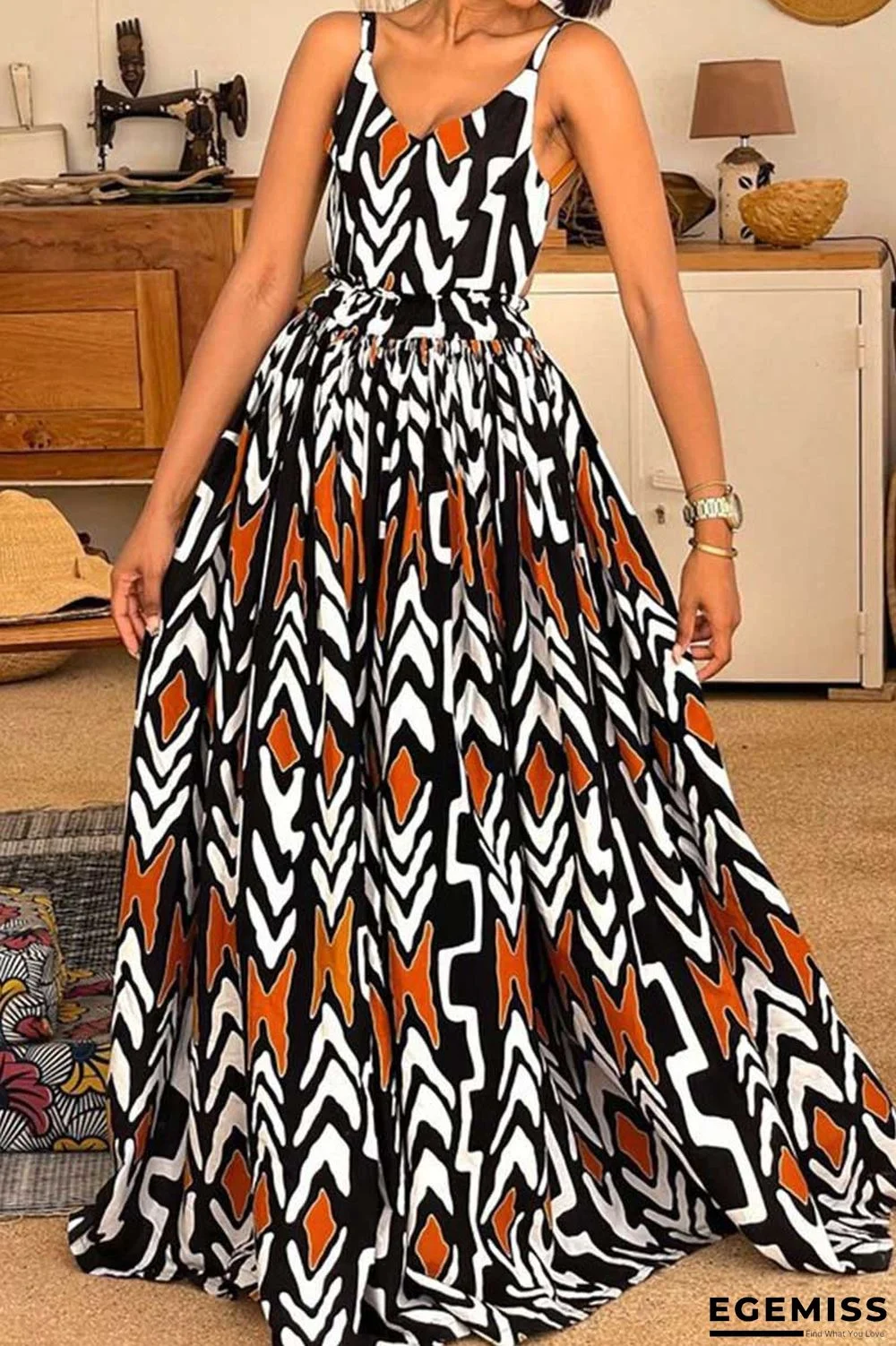 Black Sexy Print Patchwork Backless Fold Spaghetti Strap Sling Dress Dresses | EGEMISS