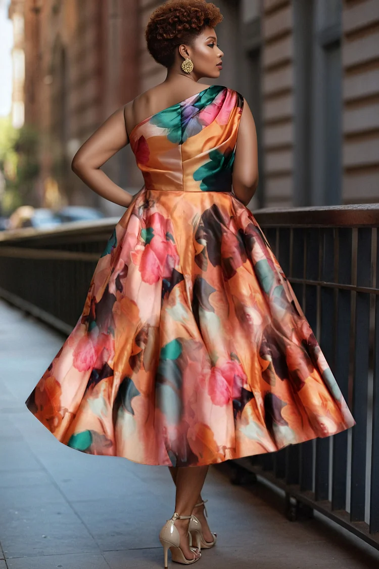 Xpluswear Design Plus Size Wedding Guest Satin Pink Floral One Shoulder Contrast High Low Hem Tulle Midi Dresses [Pre-Order]