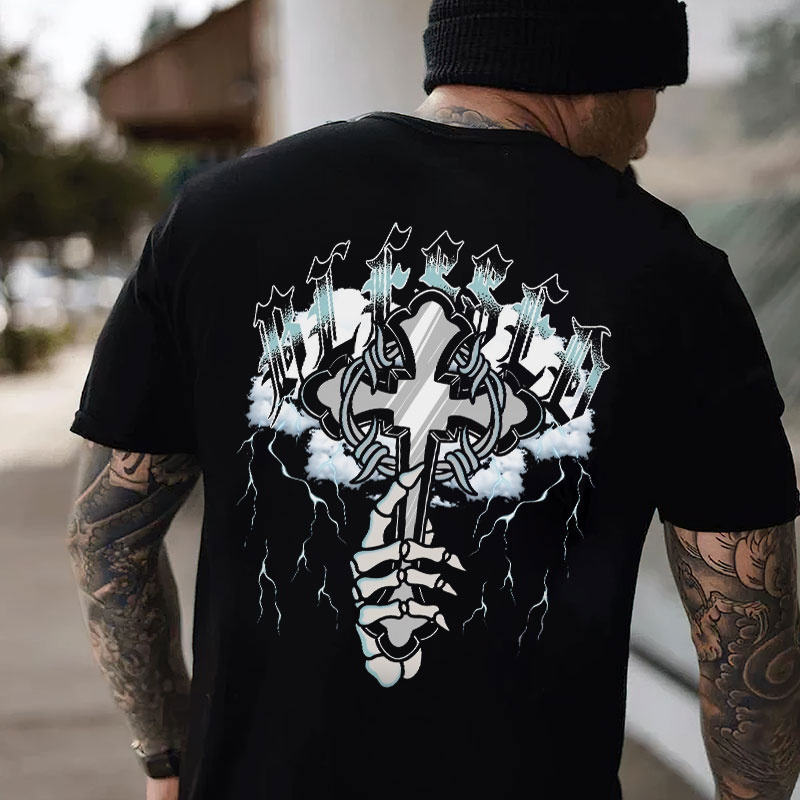 Blessed Bone Hand With Crucifix Black Print T Shirt