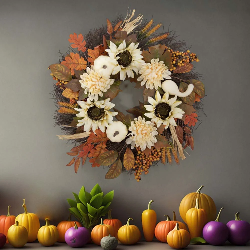 Autumn Thanksgiving White Pumpkin Wreath Sunflower Decoration