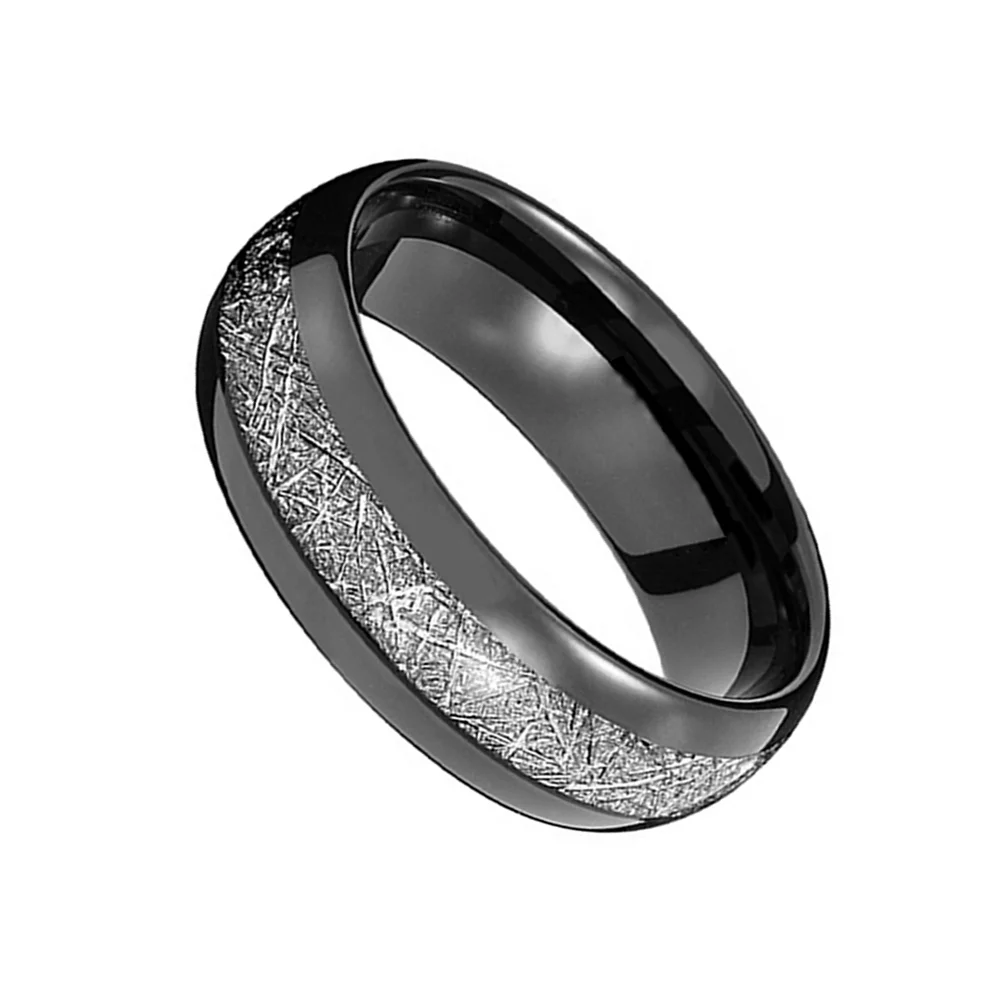 6MM 8MM Men Silver Meteorite Inlay Black Tungsten Carbide Engagement Wedding Bands