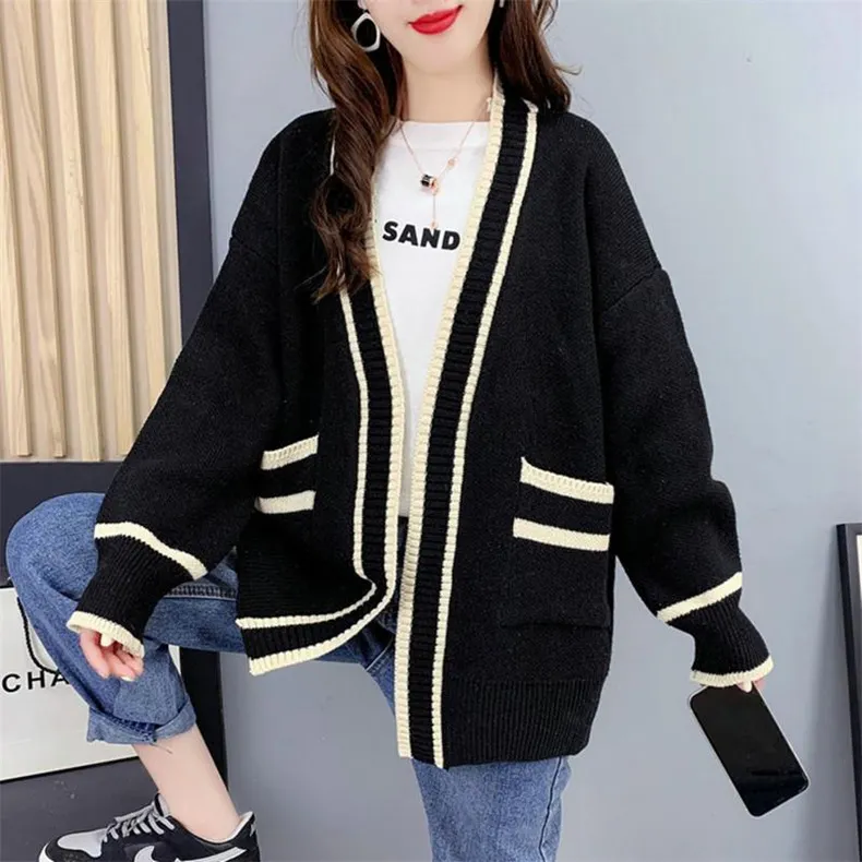 Churchf And South Korea Autumn And Winter New Korean Version Loose In Long Pocket College Fashion Sweater Cardigan Coat Female Sweater